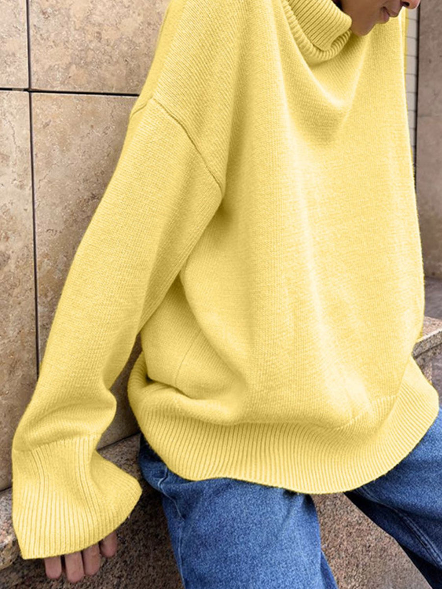 Relaxed fit ribbed turtleneck sweater in Canary Yellow acrylic with a casual, basic style.