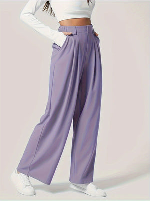 Lilac pleated wide-leg tailored trousers with a high waist and pockets.