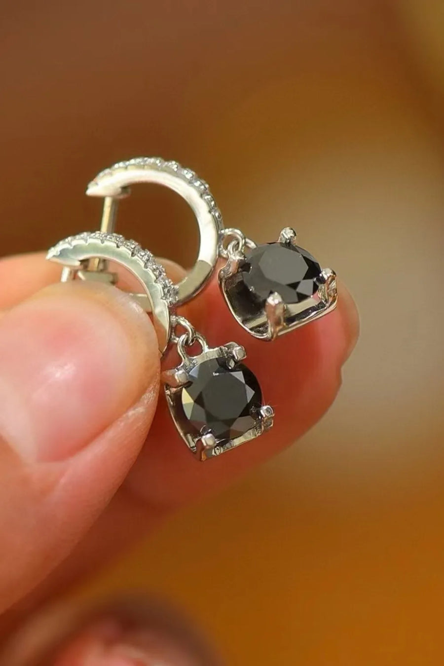 Black square stone hoop earrings with pave detail on hoop