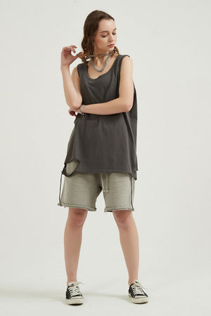 Dark grey sleeveless tank top with distressed hem and light grey drawstring shorts