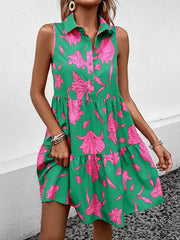 Sleeveless Floral Print Tiered Shirt Dress in Green
