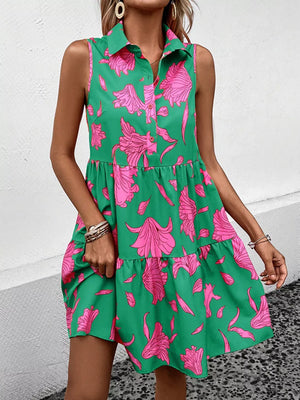 Sleeveless Floral Print Tiered Shirt Dress in Green