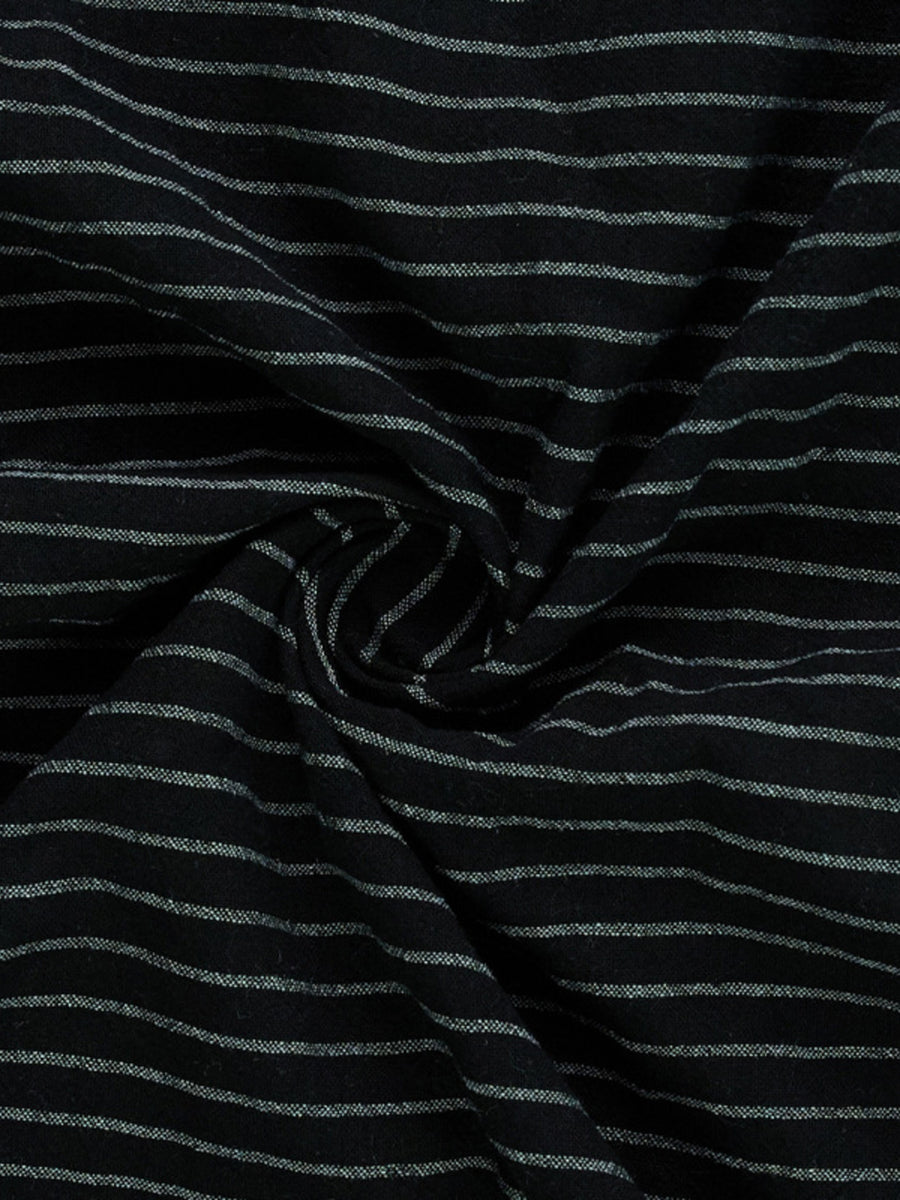 Black cotton blend men's long sleeve shirt with thin white stripes.