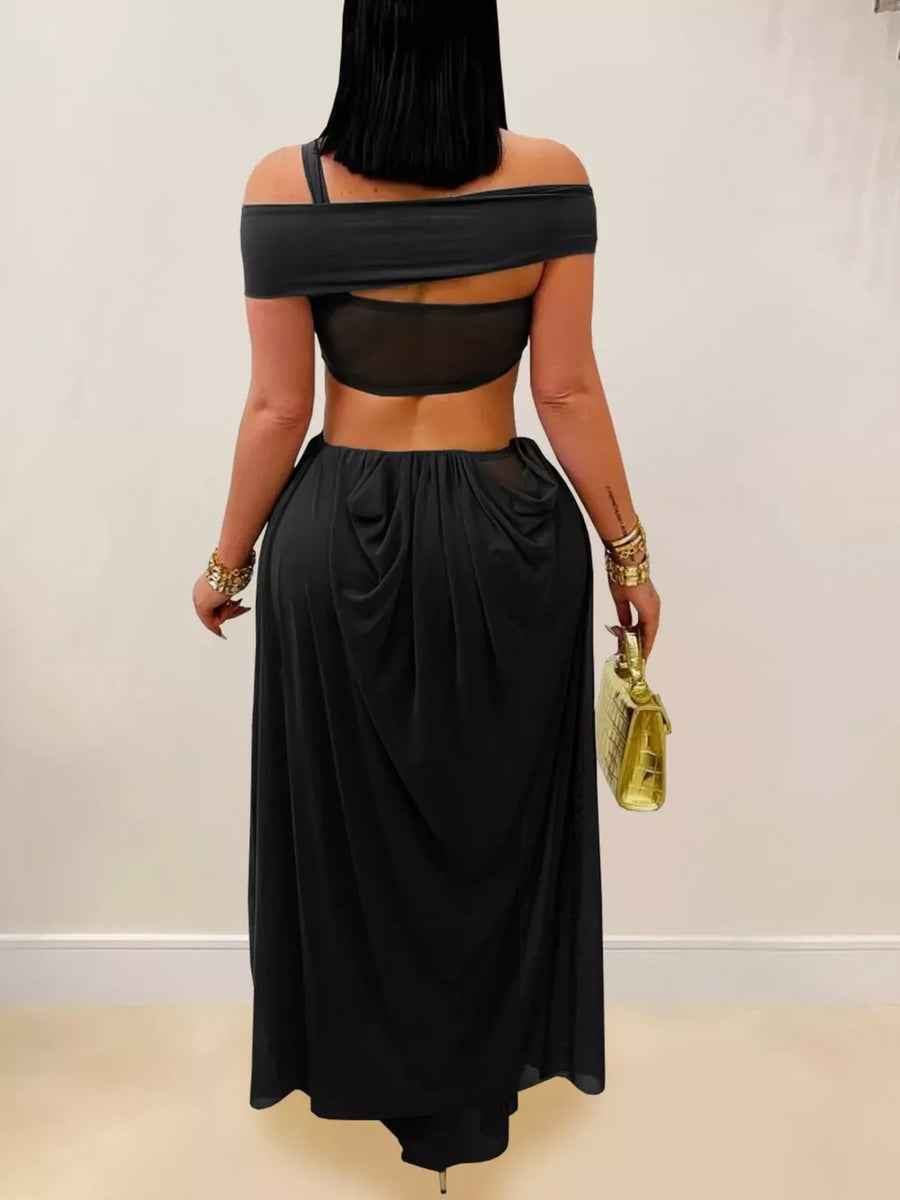 Cutout Off Shoulder Ruched Maxi Dress in Deep Red