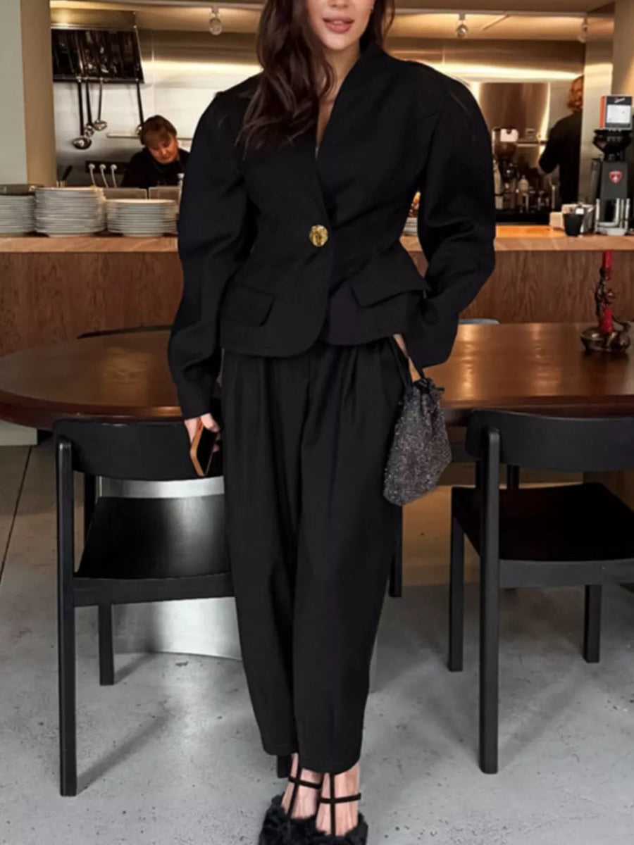 Black with Puffy Sleeve Blazer And Wide-leg Pants Set in Black