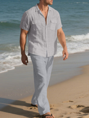Tan Men's Casual Button-up Shirt And Pants Set Plus Size