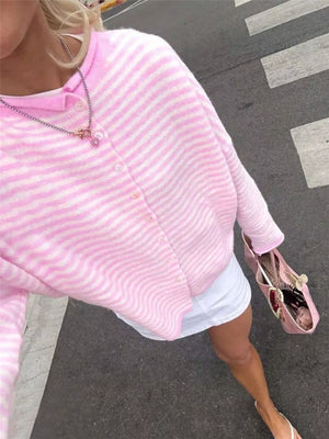Red Striped Knit Button Up Cardigan