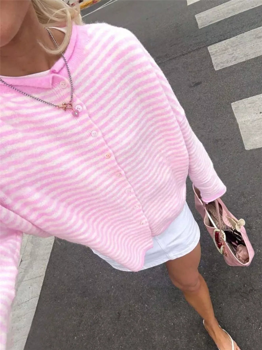 Red Striped Knit Button Up Cardigan