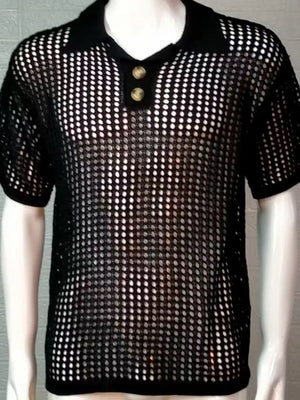 Black open-knit polo shirt with pointed collar and two button placket.