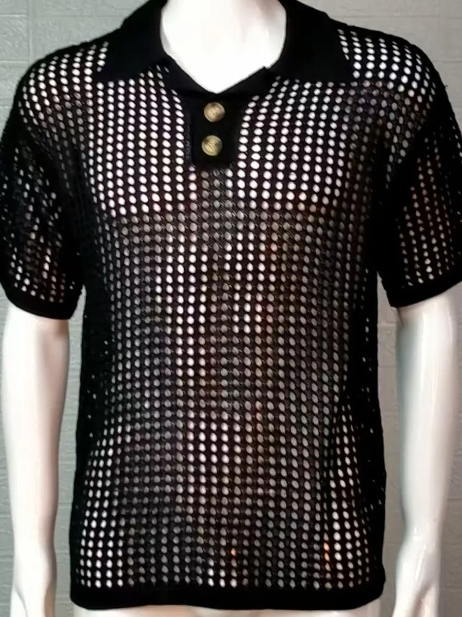 Black open-knit polo shirt with pointed collar and two button placket.
