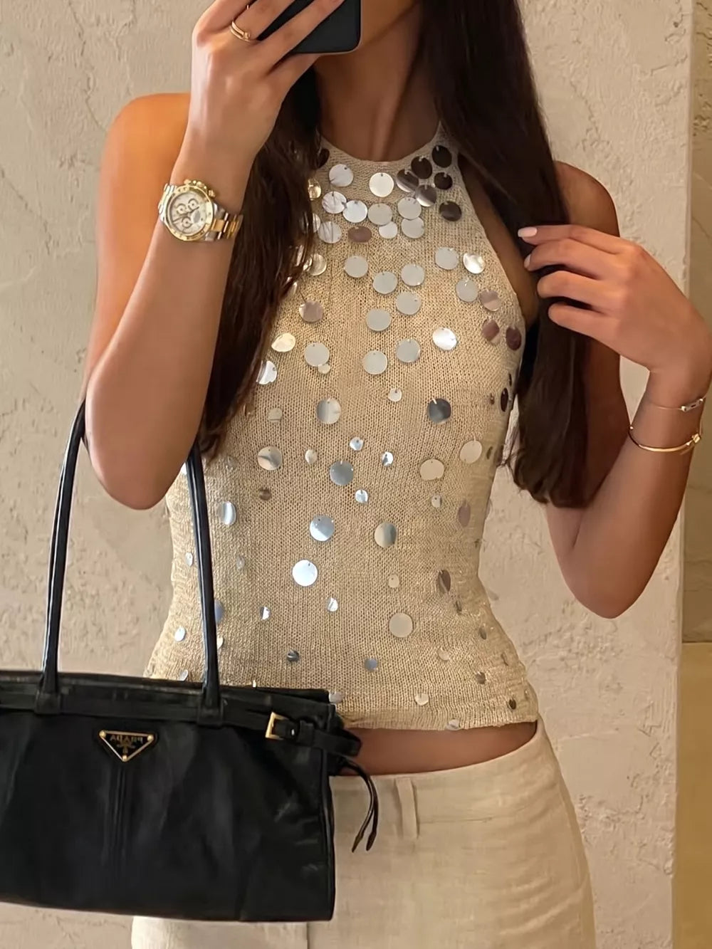 Gold Sequin Halter Neck Cami