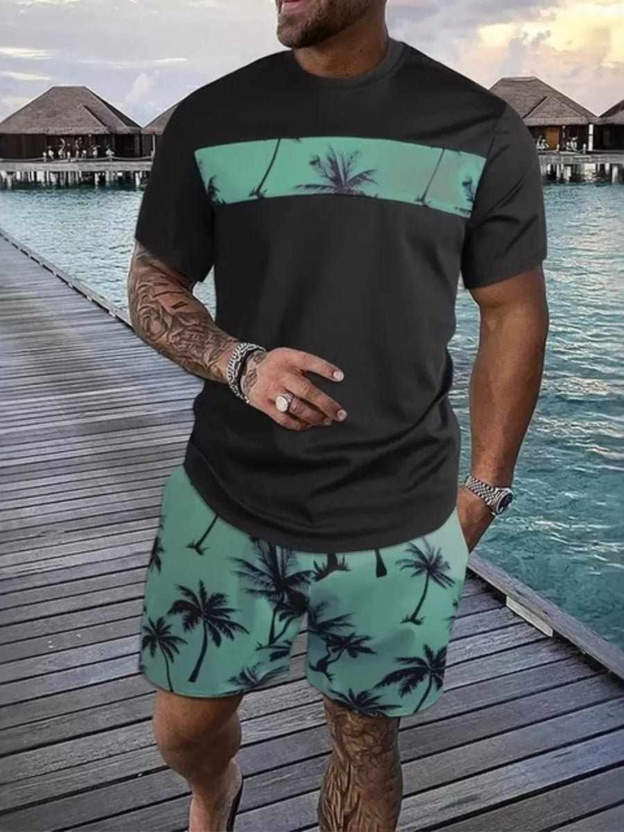 Pastel Blue Men's Tropical Palm Tree Tee And Shorts Set