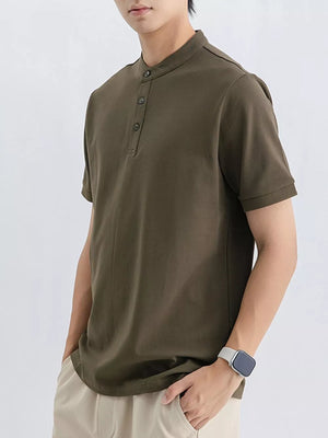 Men's short sleeve t-shirt in Army Green with band collar and button placket.