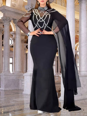 black maxi dress with geometric and mock neck
