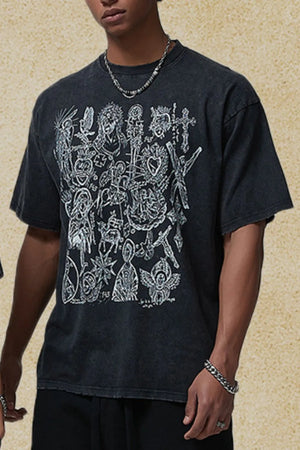 Black vintage wash t-shirt with a detailed religious icon graphic print.