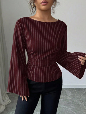 Elegant Pinstriped Bell Sleeve Blouse in Black
