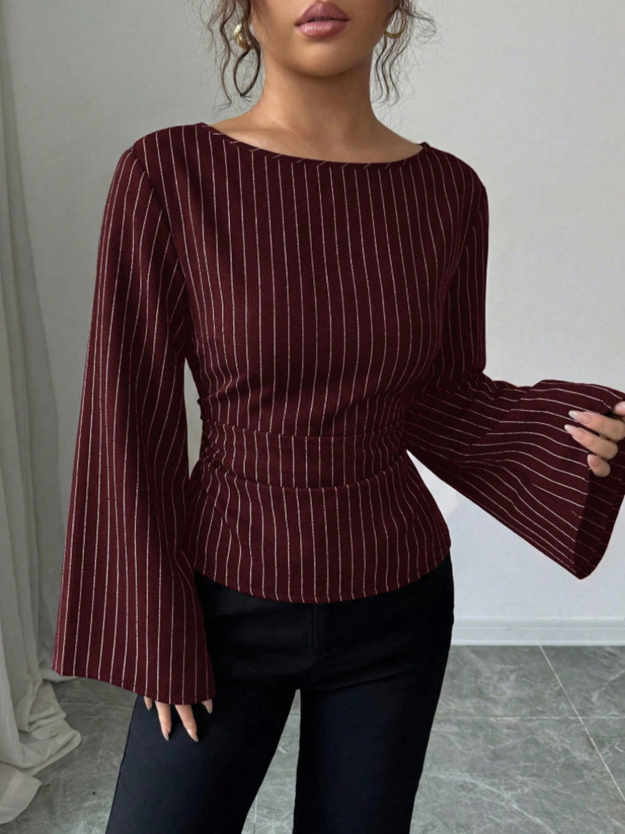 Elegant Pinstriped Bell Sleeve Blouse in Black
