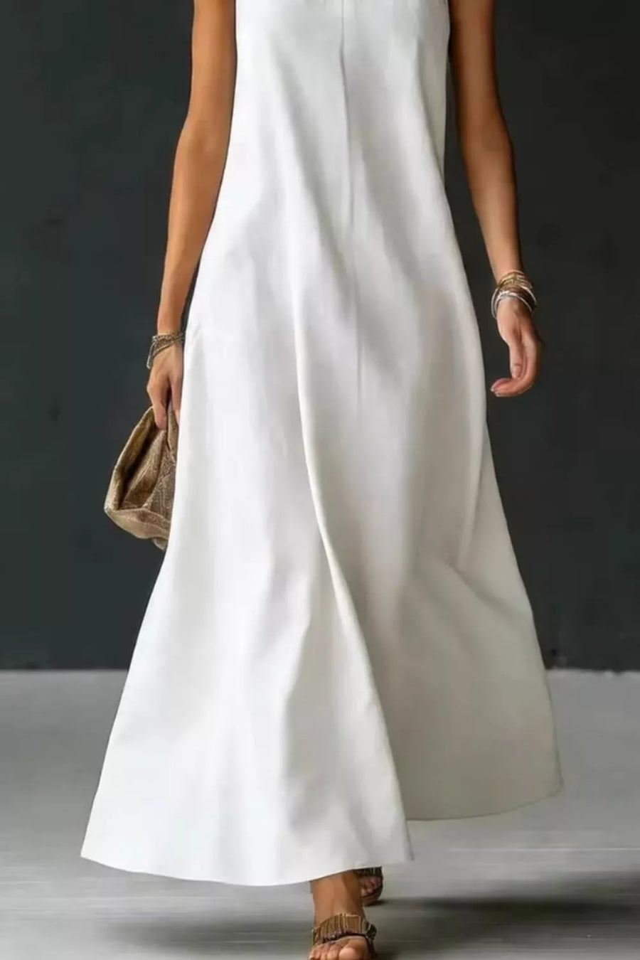 White a-line maxi dress with twisted neckline detail, cotton blend fabric