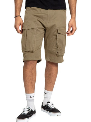 Khaki cargo bermuda shorts with multiple utility pockets and extended fit.
