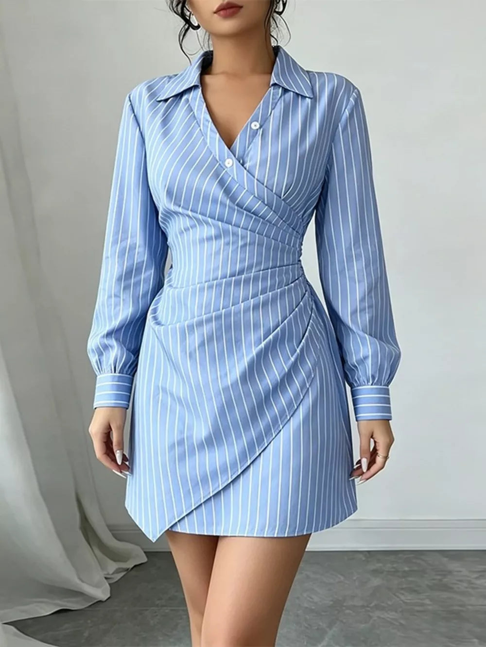 sky blue shirt dress with striped and collared