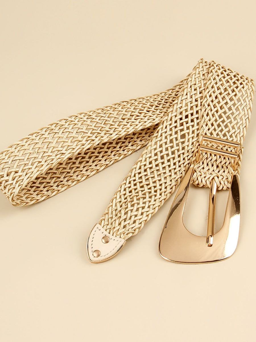 Woven raffia belt in gold with a large gold-tone buckle and woven detail.