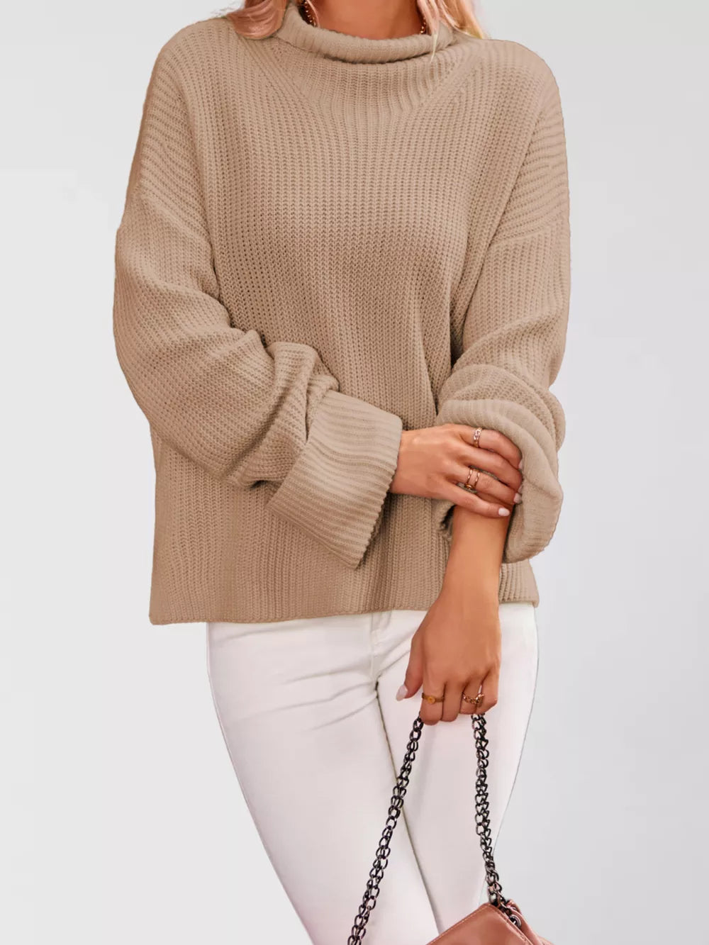Green oversized mock neck sweater with mock neck