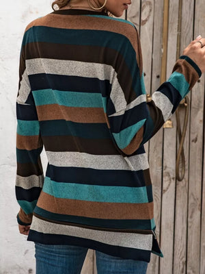 Casual Striped Long Sleeve Crew Neck Top Plus Size in Turquoise with slit