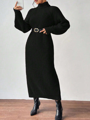 100% polyester Care instructions: Machine wash cold sweater dress in Black with relaxed silhouette