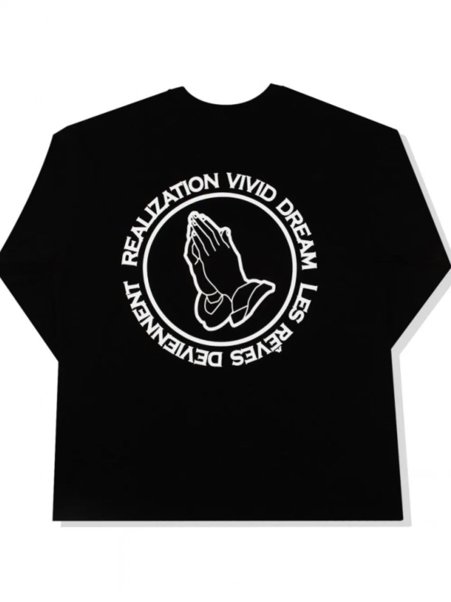 Black long sleeve tee with white praying hands graphic and text circle