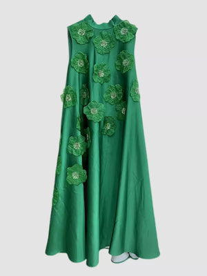 Green sleeveless maxi dress with allover 3D floral appliques and high neckline