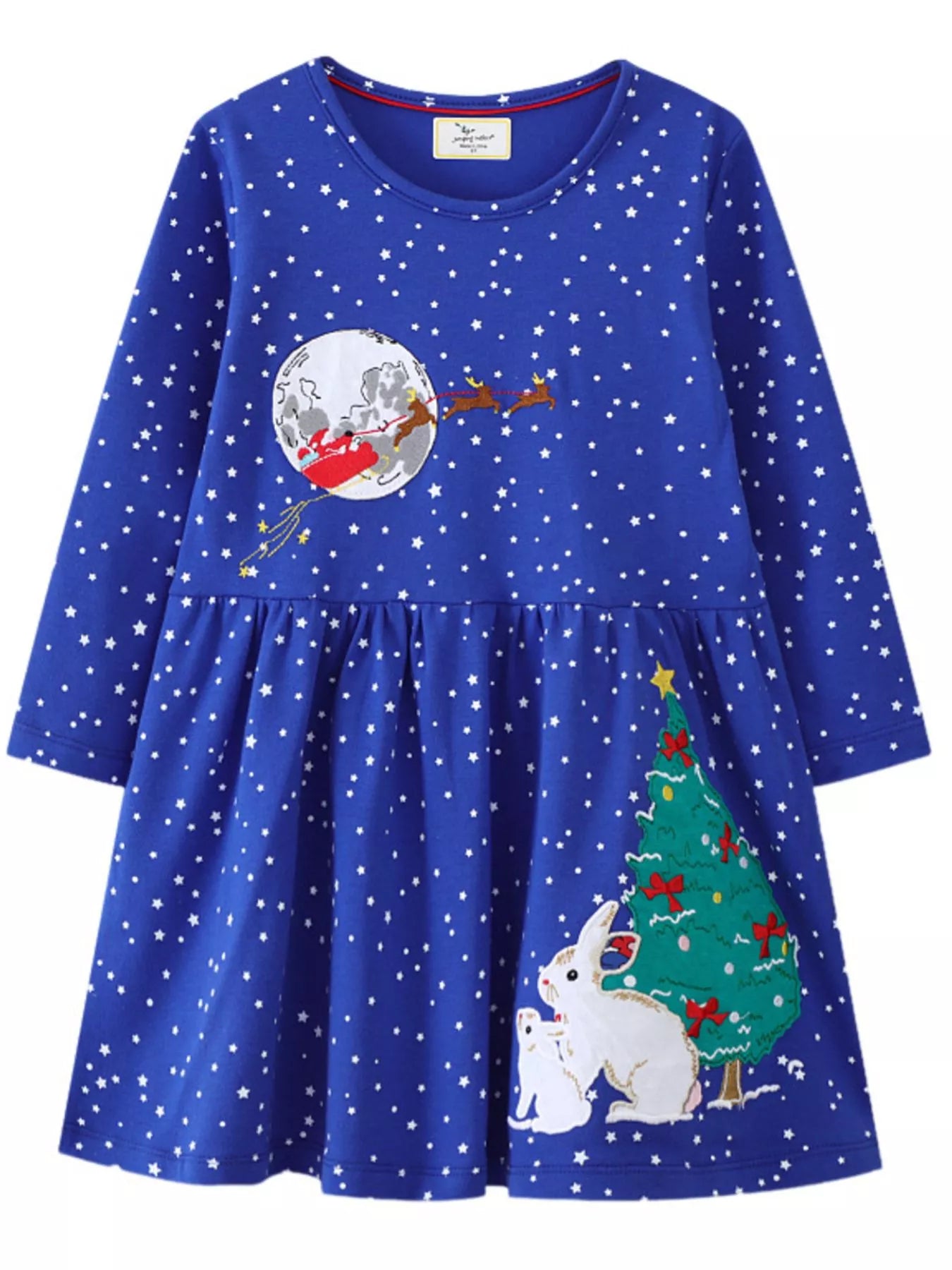 Children's royal blue long-sleeve Christmas dress with star print, Santa, and bunnies.