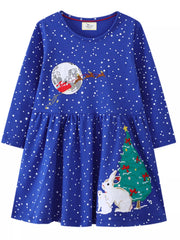 Children's royal blue long-sleeve Christmas dress with star print, Santa, and bunnies.