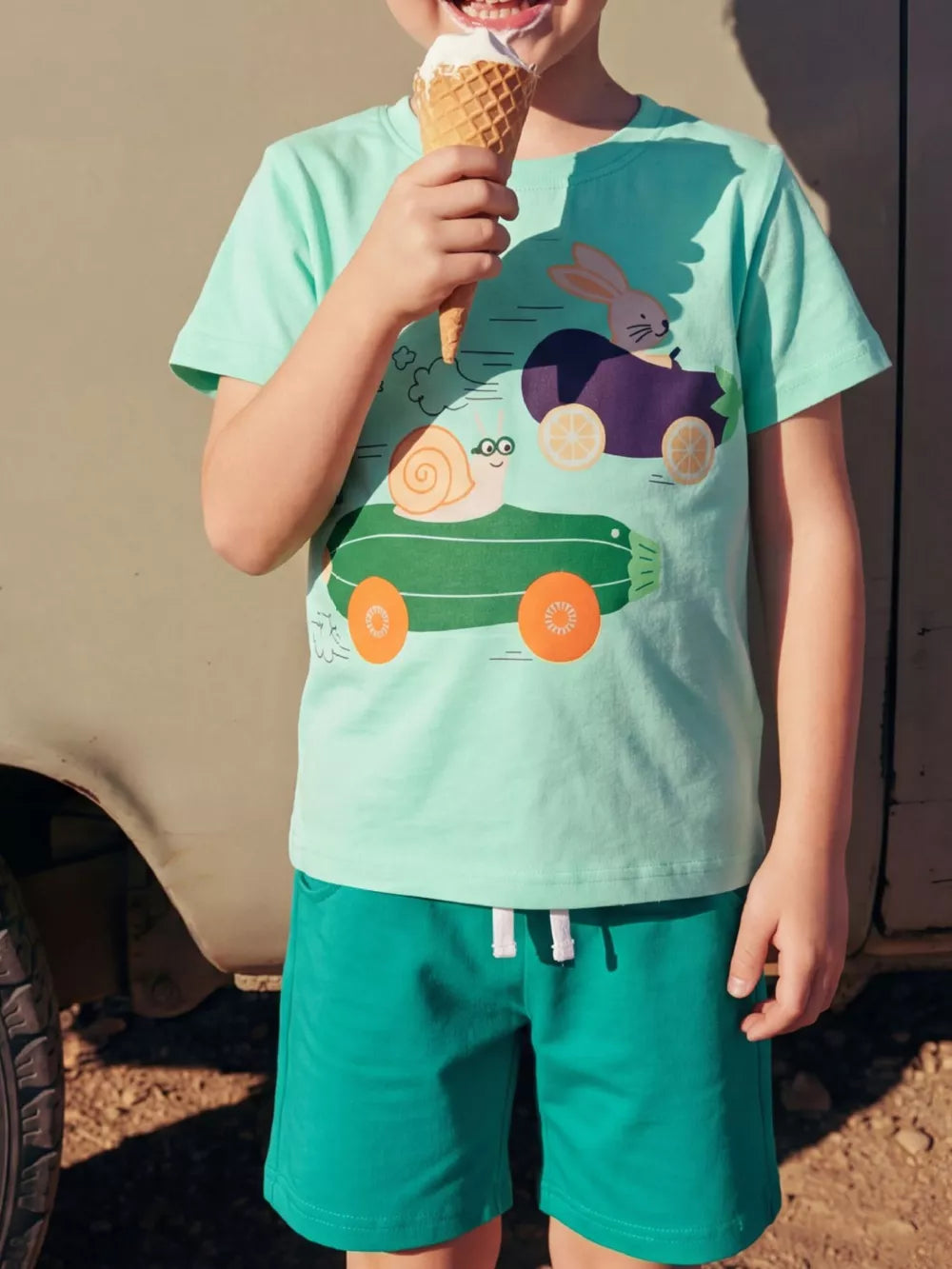 Children's Animal Race Round Neck Tee And Shorts Set