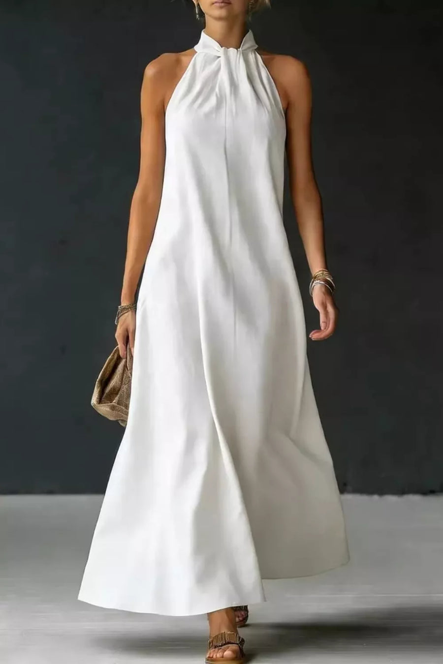 White cotton blend maxi dress with twisted halter neckline and a-line cut