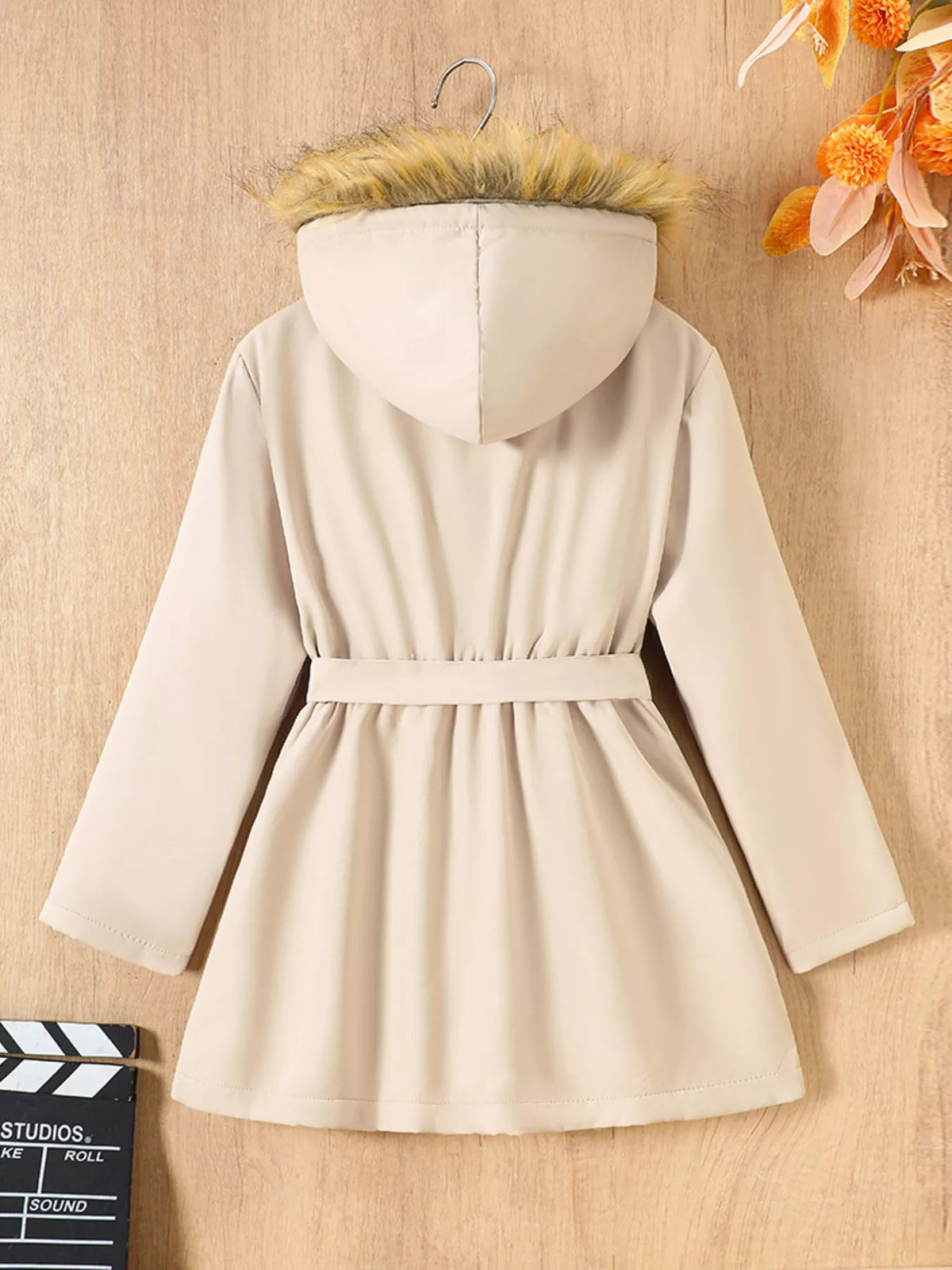 Apricot hooded overcoat with faux fur trim and belted waist