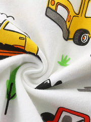 Toddler boys' white cotton tee & shorts set with playful yellow bus and vehicle print.