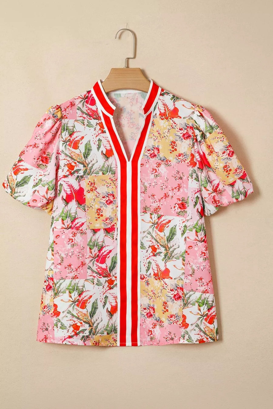 Contrast Collared V Neck Short Sleeve Floral Blouse option 5