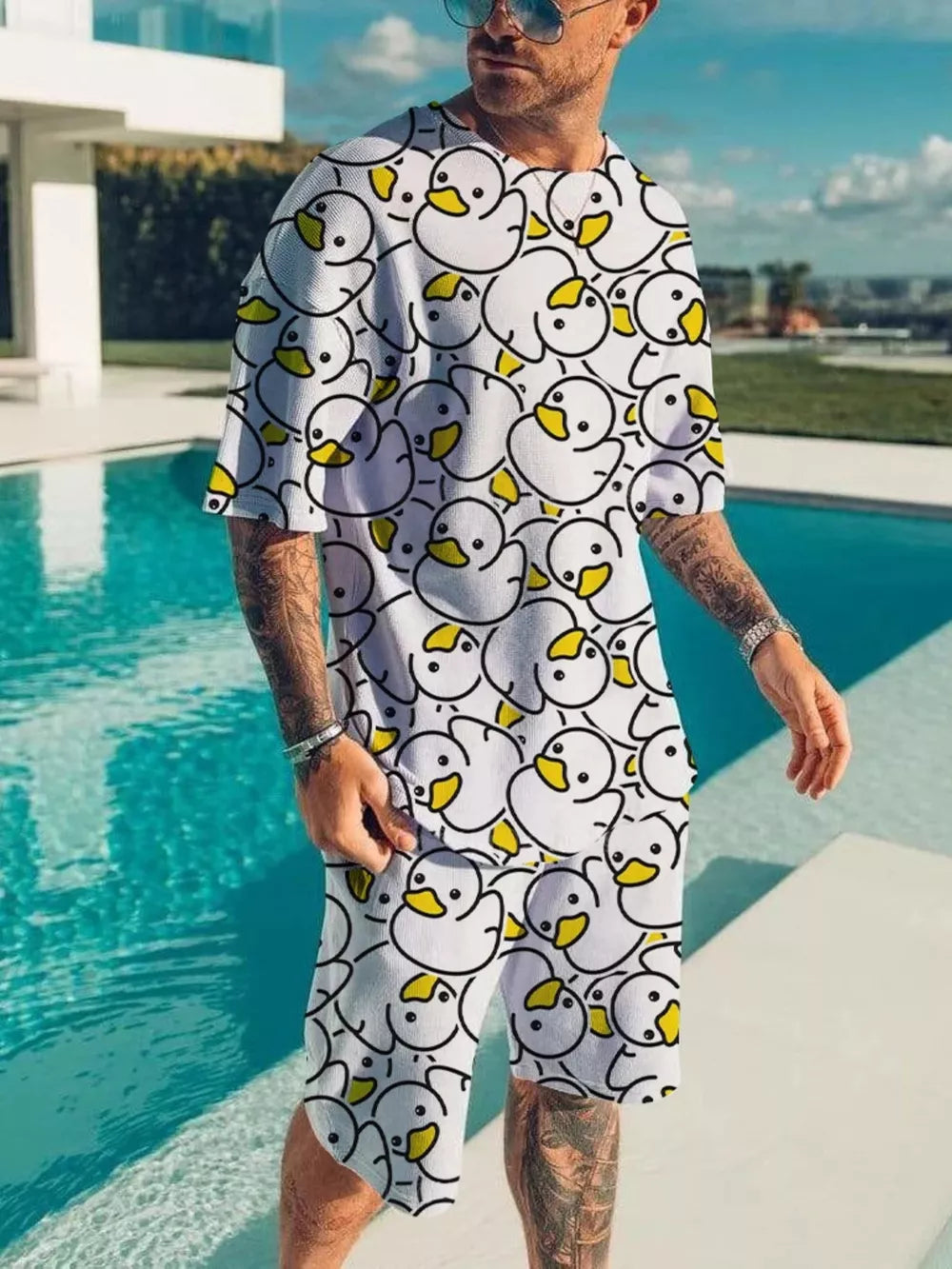 Yellow Men's Printed Short Sleeve Tee And Shorts Set