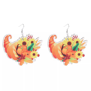 Thanksgiving dangle earrings with cornucopia, pumpkins, sunflowers, and leaves design.