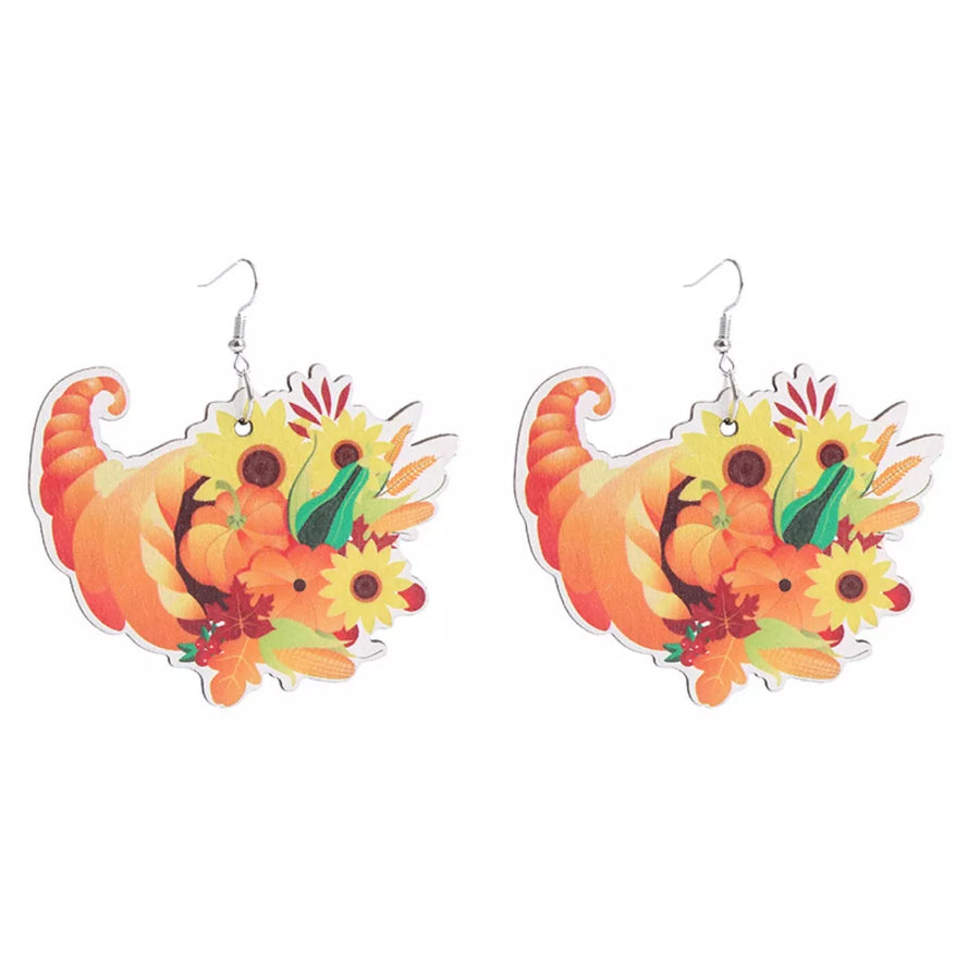 Thanksgiving dangle earrings with cornucopia, pumpkins, sunflowers, and leaves design.