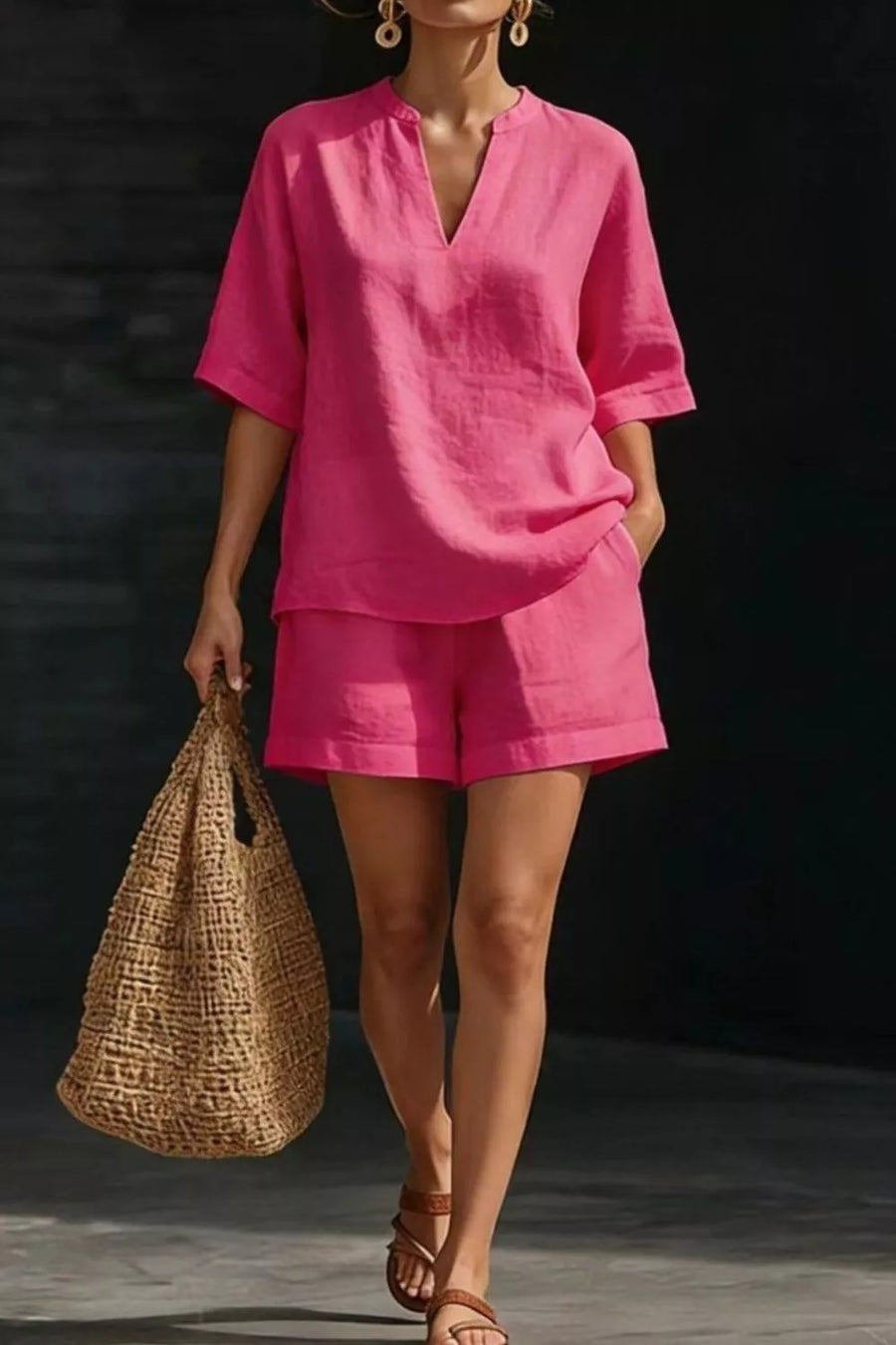 Hot Pink notched top and pocketed shorts set with V-neck and short sleeves.