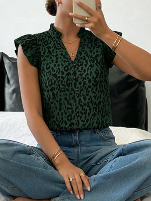 Green leopard print ruffle neck short sleeve blouse with button front