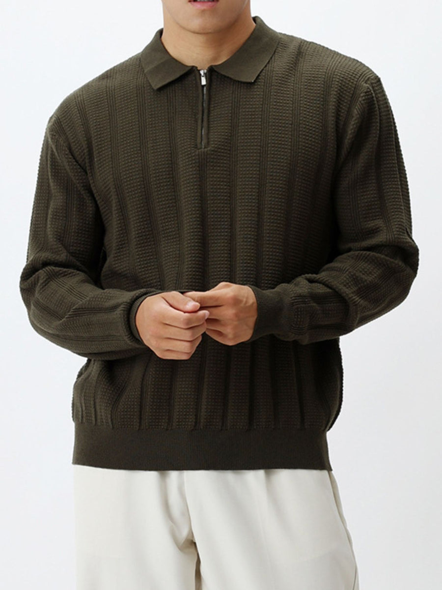 olive green zip-up sweater with ribbed and collared