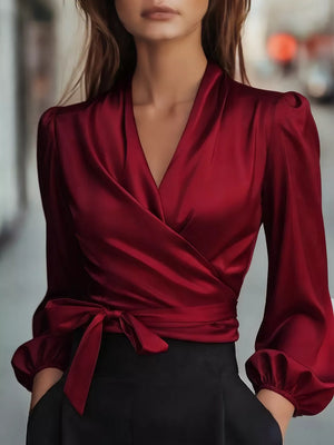 Black Elegant Satin Wrap Blouse With Bow Detail
