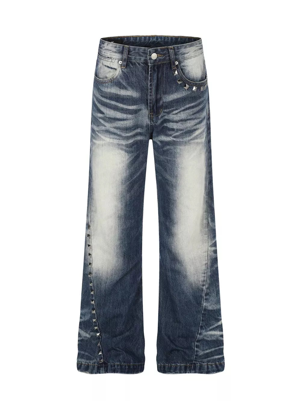 Distressed blue bootcut jeans with studded accents on pockets and leg seams.