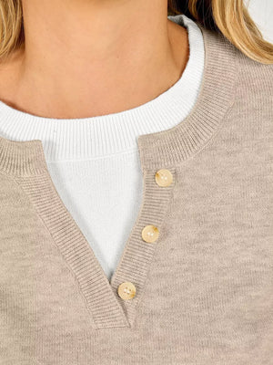 classic pullover sweater in light beige with henley
