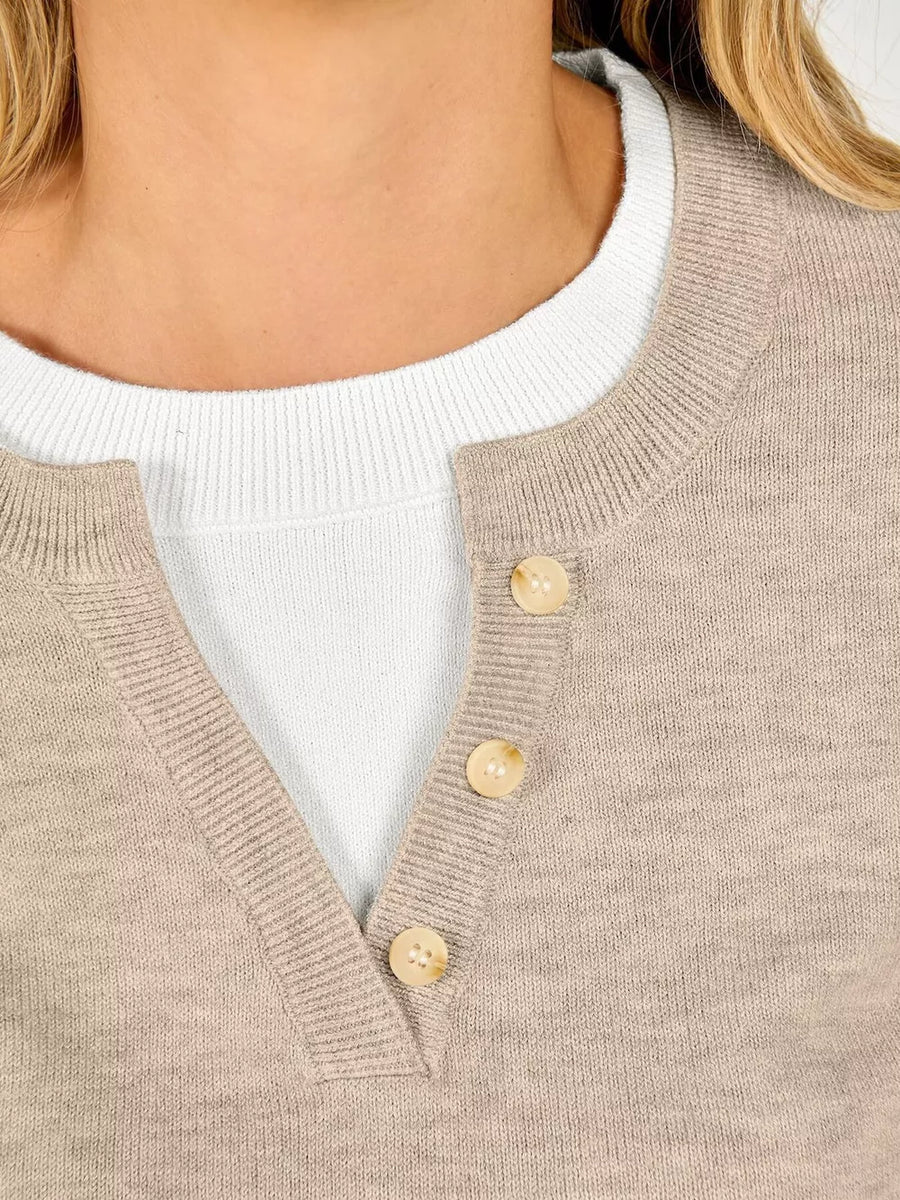 classic pullover sweater in light beige with henley