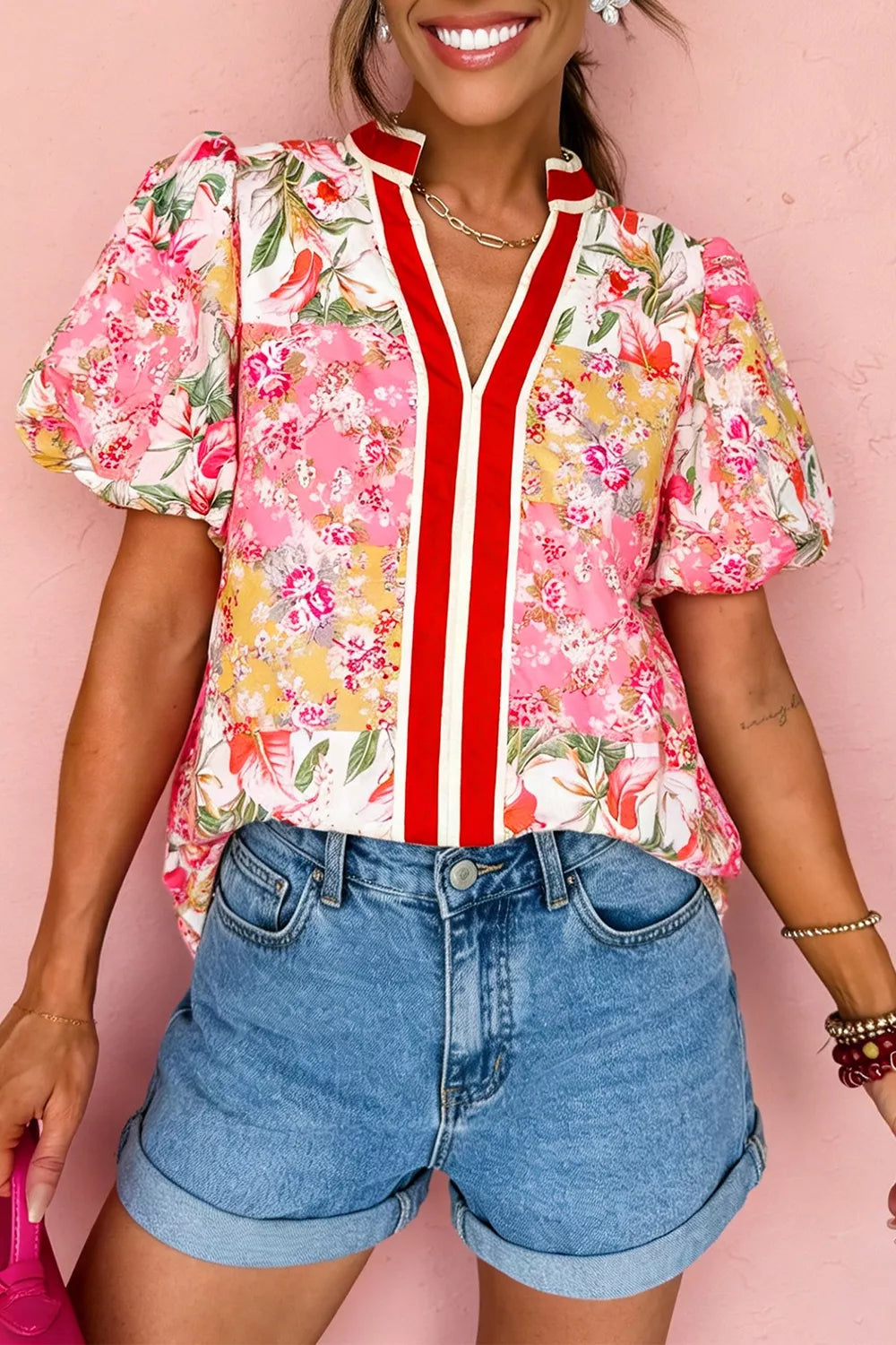 Floral Contrast Collared V Neck Short Sleeve Floral Blouse