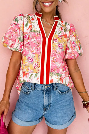 Floral Contrast Collared V Neck Short Sleeve Floral Blouse