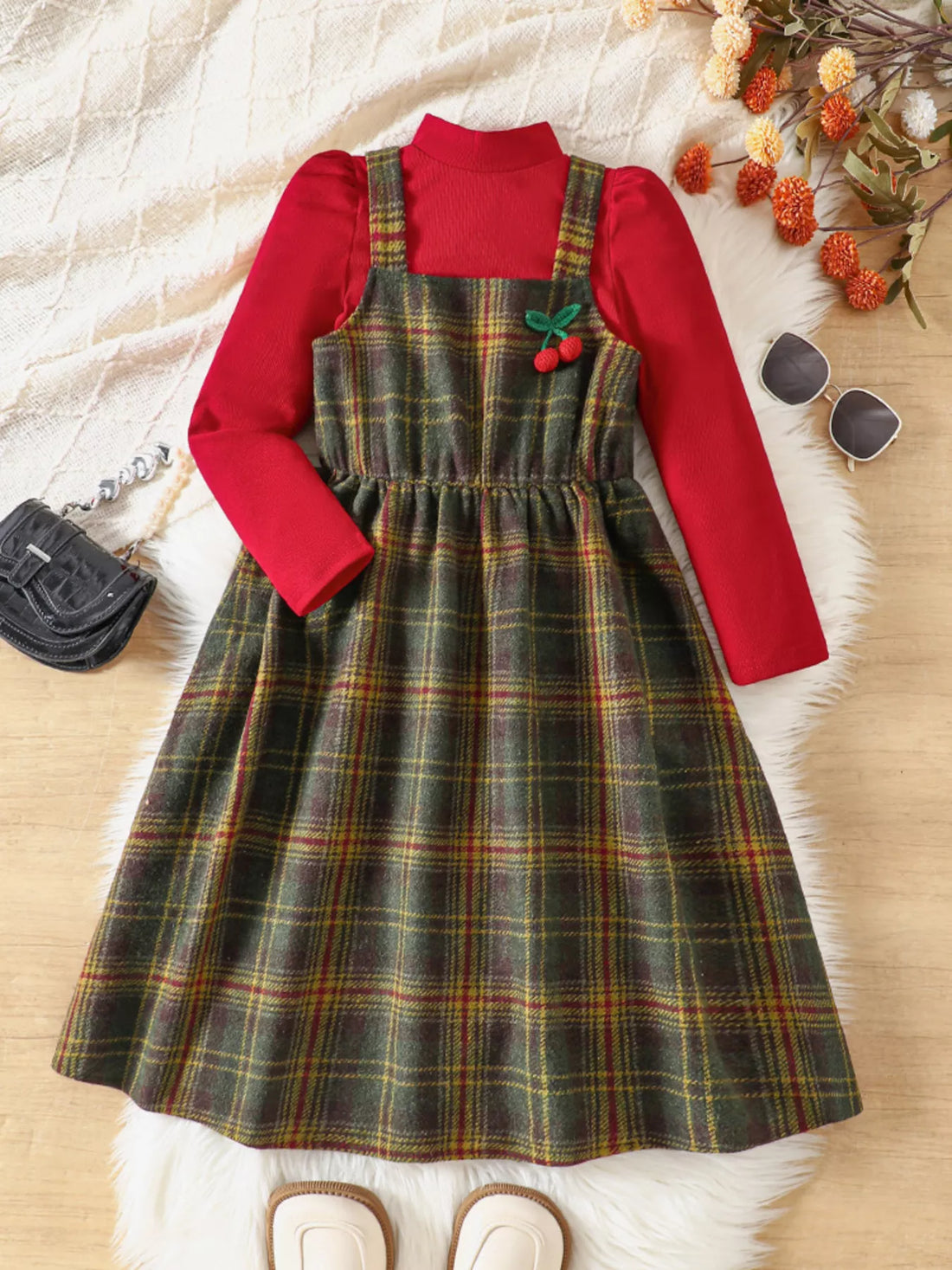 Girls' red long sleeve top and multicolor plaid jumper dress with cherry detail
